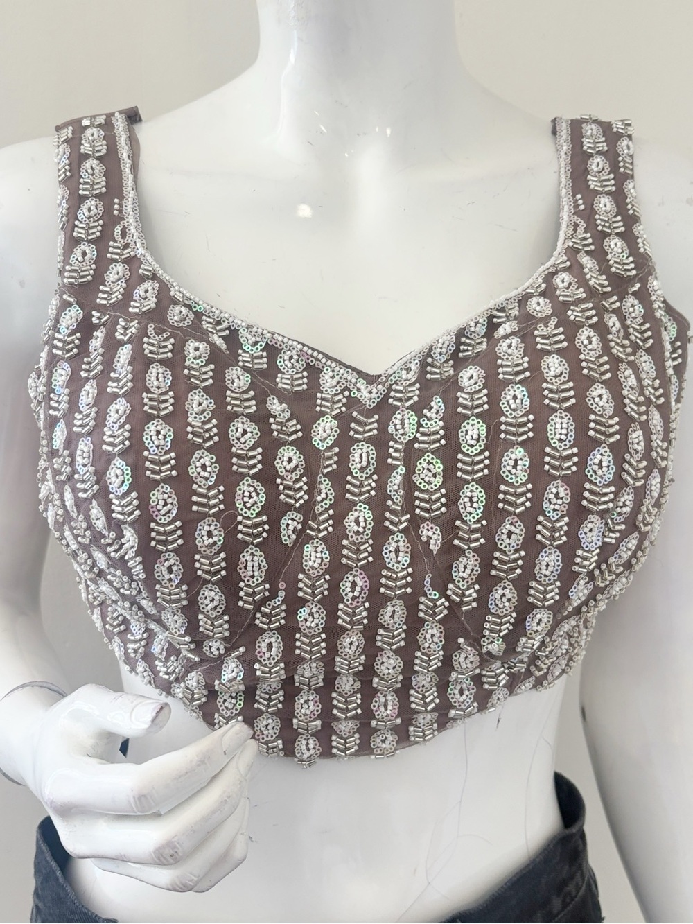 Handmade Vintage Beaded & Sequin Mesh Crop Tank Top w a Sweetheart Neckline
